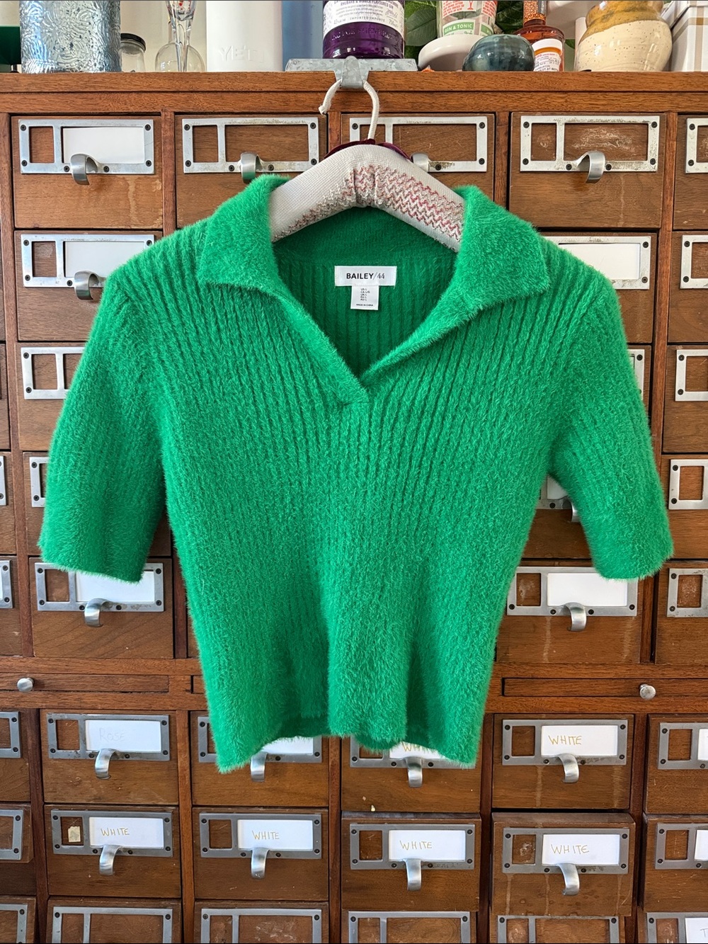 Bailey 44 Fuzzy Green Polo Short Sleeve Sweater Size Large